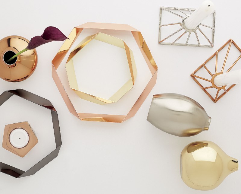 Metal candleholders, vases and trivets from CB2