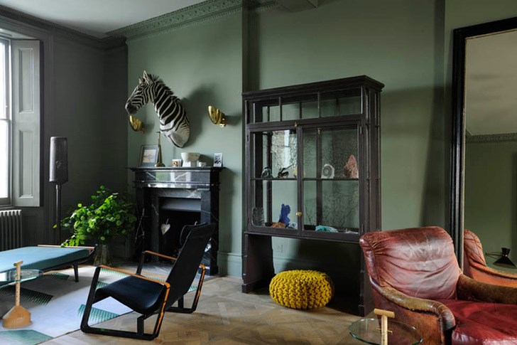 Mineral specimens and a zebra take center stage in this living room