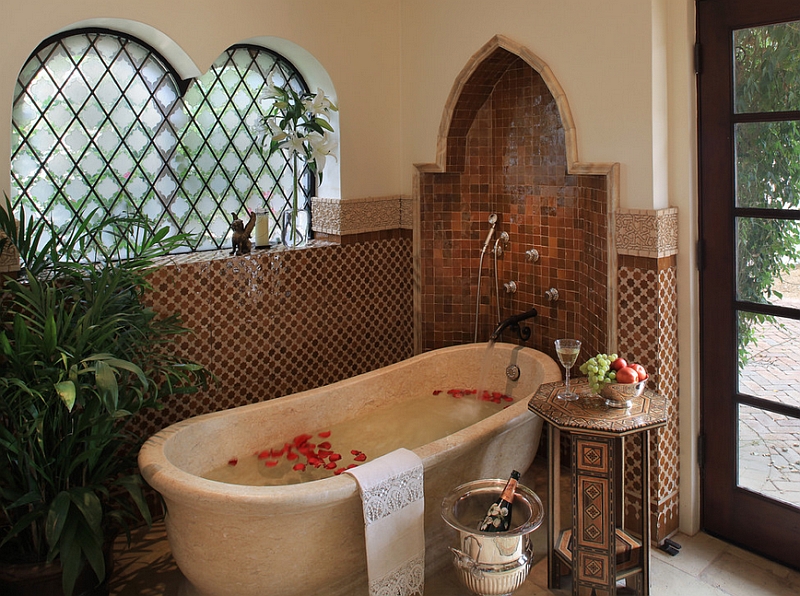 Moroccan patterns meet Spanish Colonial style in this lavish bathroom