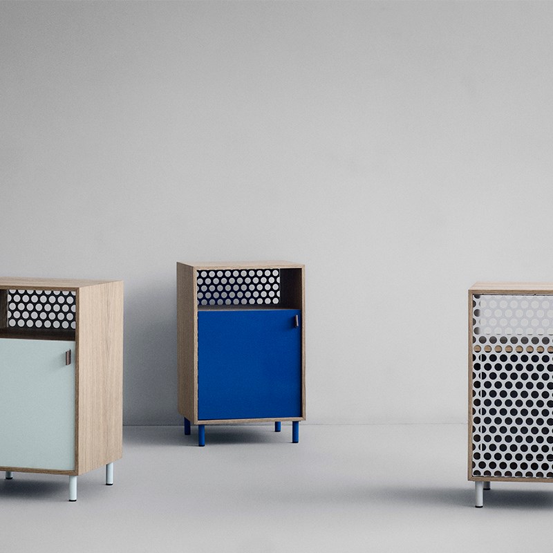 Oak, metal and leather cabinets from Ferm Living