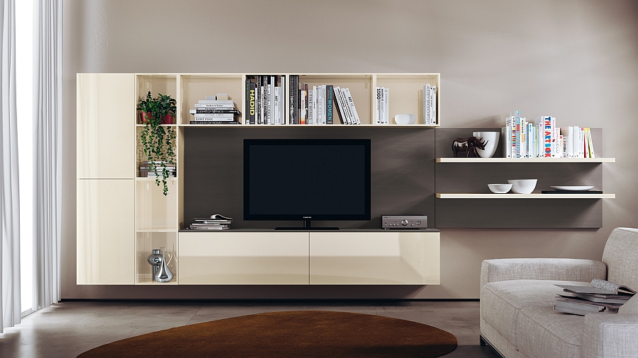 Open wall units combined with closed shelves in an elegant manner