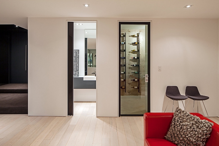 Private wine cellar in the basement with a modern flair