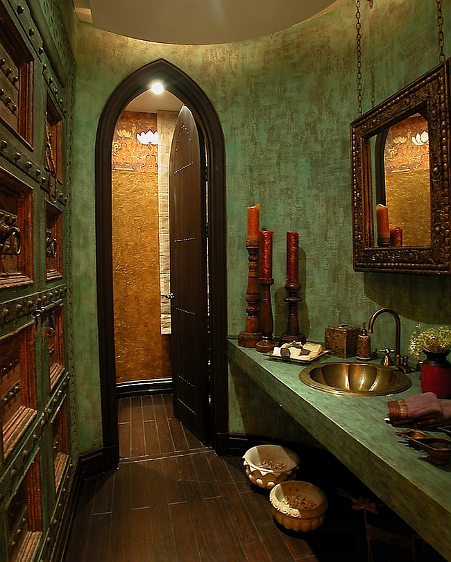 Rich color and texture usher in the Classic Moroccan Style in this bathroom