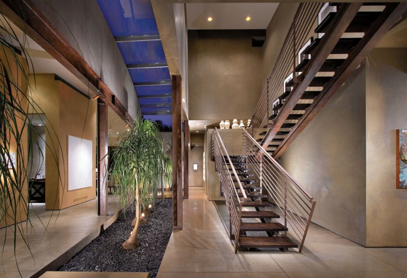 Row of ponytail palms in a well-lit interior