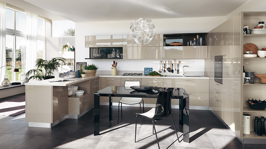 Smart black table at the heart of the kitchen anchors the look