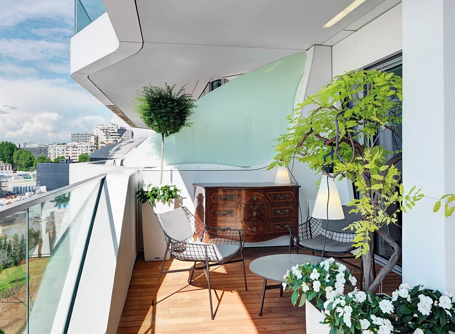 Smart chairs in the balcony create a cozy conversation nook