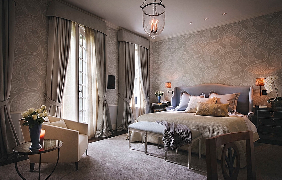 Sophisticated bedroom presents a cool blend of masculine and feminine styles [By Brett Design]