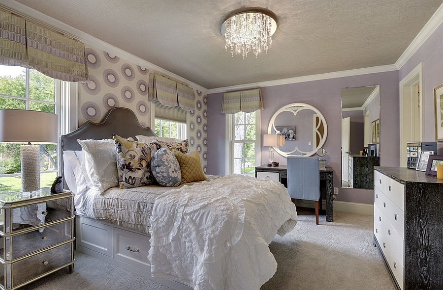 Stylish bedroom has a distinct feminine vibe [Design: Great Neighborhood Homes]