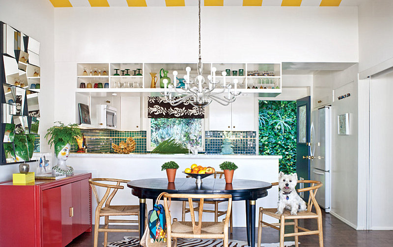 Teal and gold details in a colorful kitchen