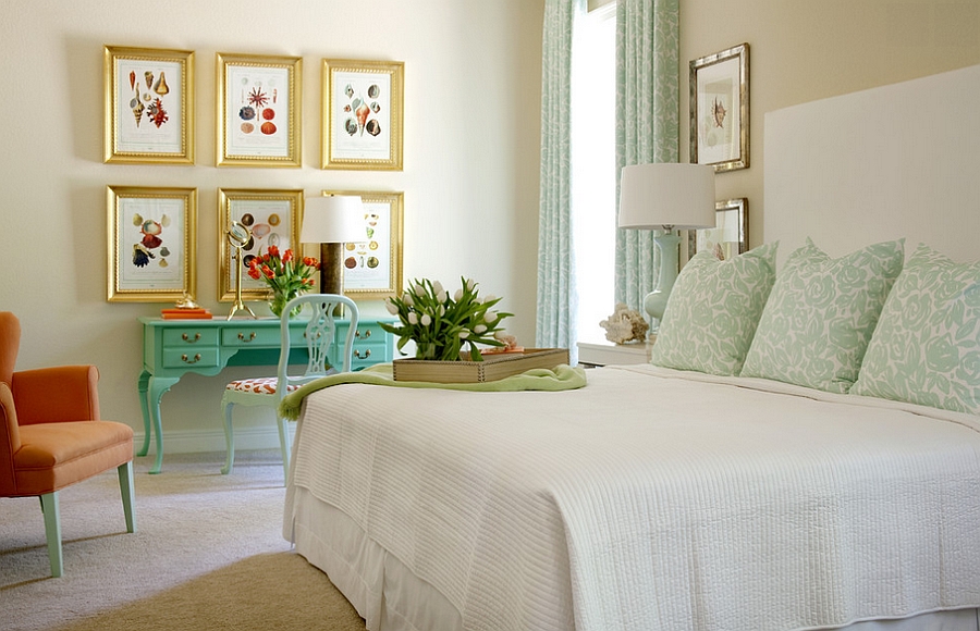 Turquoise and Coral are trendy colors to use in the bedroom [Design: Tobi Fairley Interior Design]