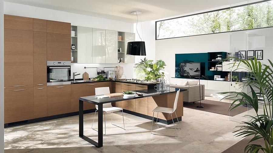 Versatile kitchen and living room compositions create a dynamic home environment