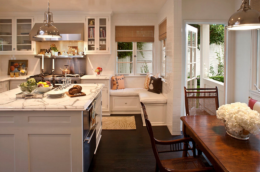 A cozy bench in the corner of a traditional kitchen [Design: Jeneration Interiors]