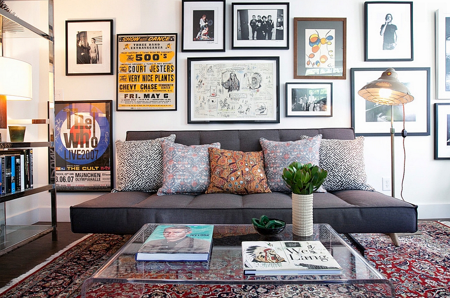 Acrylic coffee table and smart couch instantly add style to the small space [Design: Lindsay Pennington]