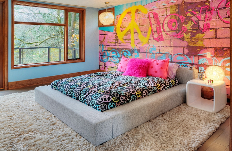 Bedroom offers a cool and eclectic look thanks to the graffiti wall [Photography: Shouldice Media]