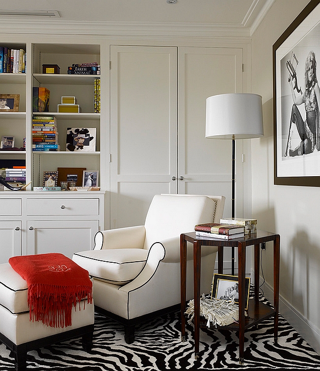 Black and white living room with pops of color