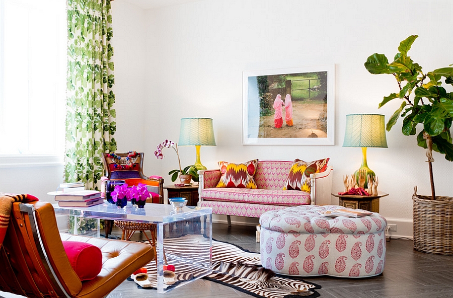 Bright pops of color enliven the chic living space