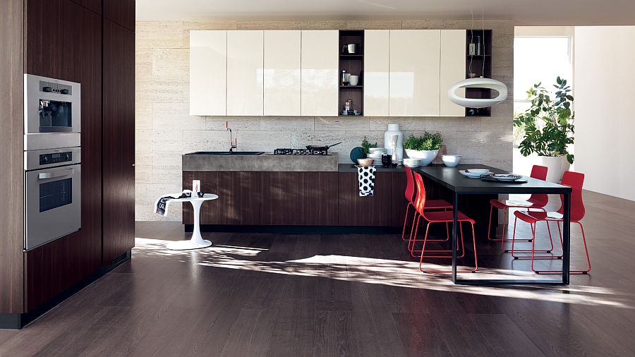 Bright pops of red add color to the modern kitchen