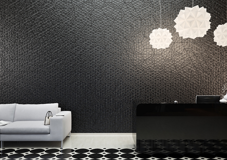 Burst Concrete Tile from Concurrent Constellations makes up the backdrop of the room