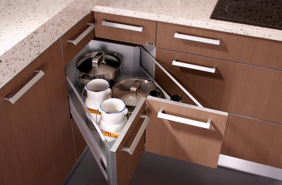 Butterfly corner drawers offer additional storage space [Design: Seva Kitchens]