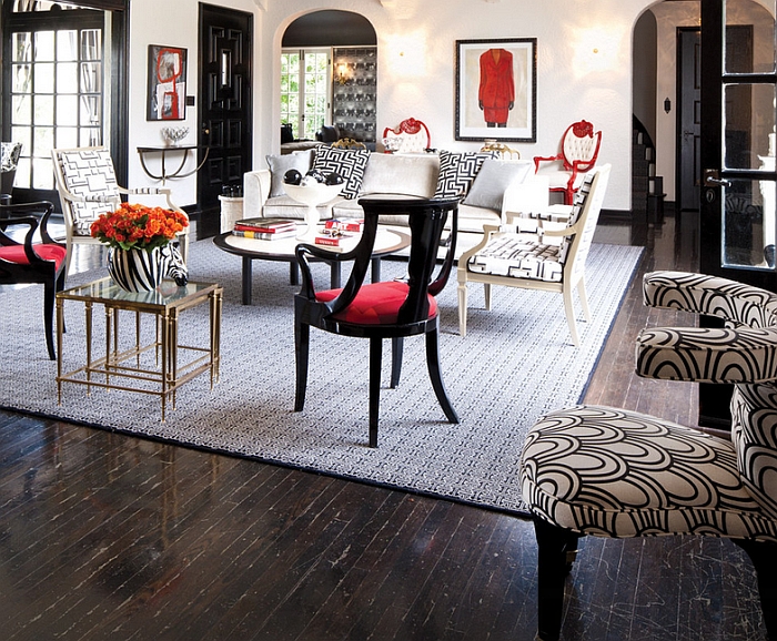 Chic black, white and red living room [By: California Home + Design]