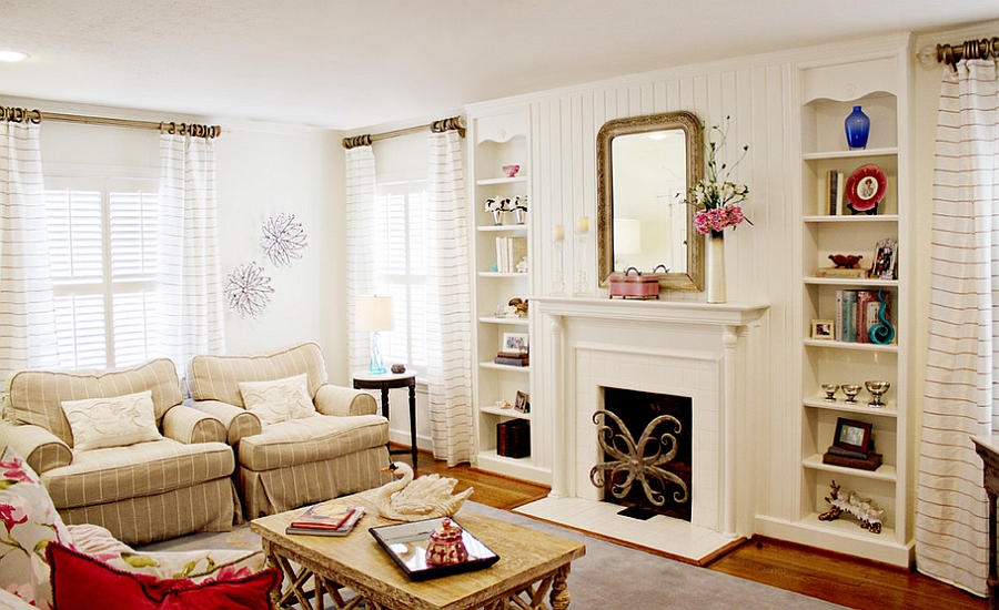 Chic cottage style living room with lovely, neutral hues [Design: Annie's Designs]