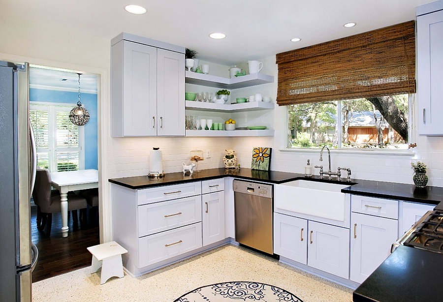 Chic modern kitchen with cool corner floating shelves [Design: UB Kitchens]