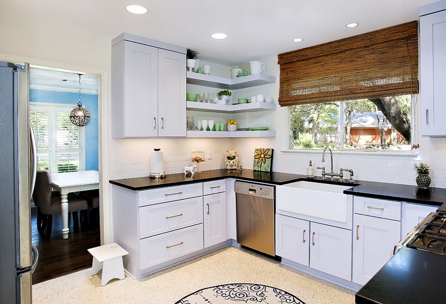 Chic modern kitchen with cool corner floating shelves