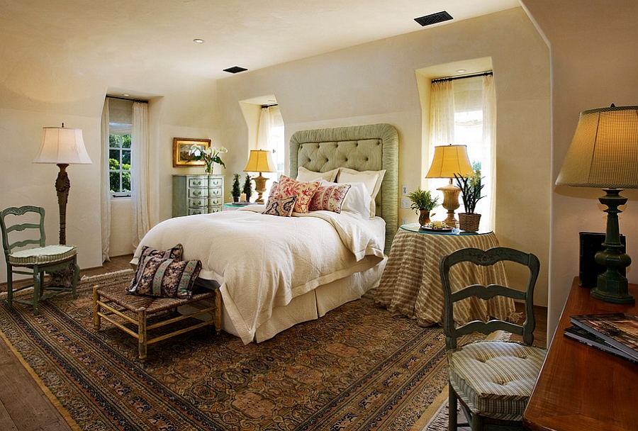 Chic rug adds to the Mediterranean style of the bedroom