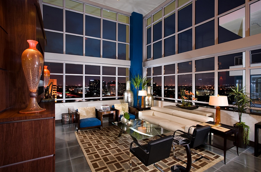 City skyline becomes an integral part of the living room [Design: David Rance Interiors]