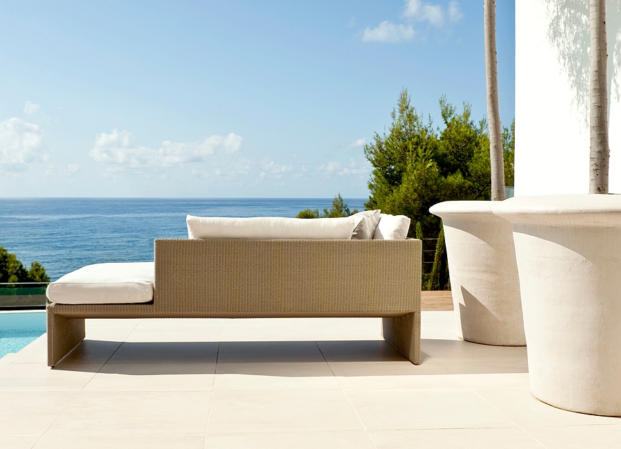 Contemporary Terra Sofa on a poolside deck overlooking the ocean