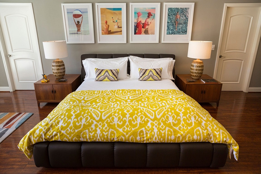 Cozy bedroom with a breezy beach vibe combined with midcentury modern style