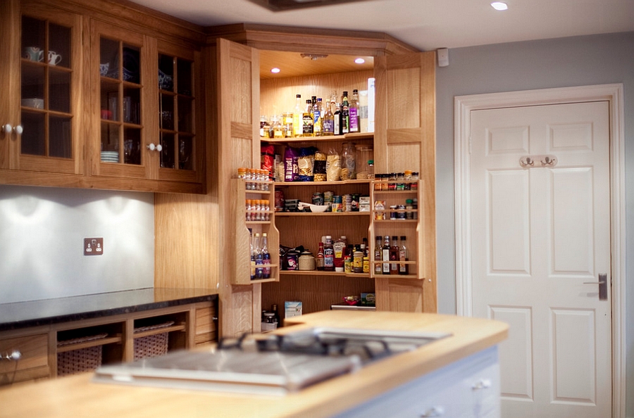 Custom-crafted corner pantry in the kitchen