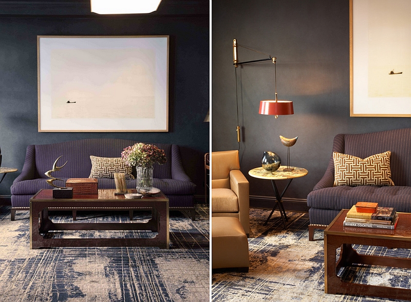 Custom rug accentuates the masculine vibe of the room [Design: David Scott Interiors]