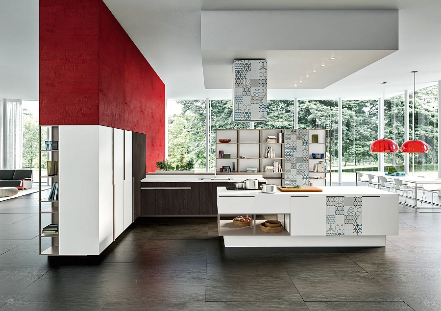 Dark red accents enliven the msart contemporary kitchen in arctic white