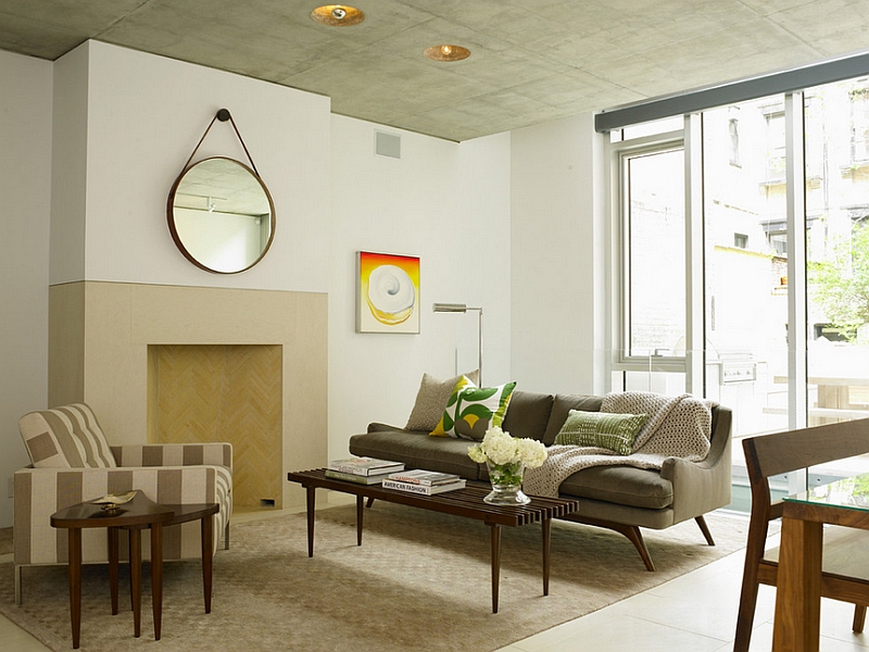 Distinct nesting tables add to the contemporary cottage style of the room