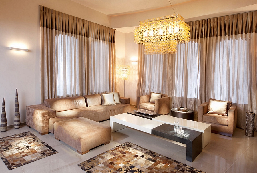 Fabulous living room with a warm, cozy golden allure! [Photography: Elad Gonen]