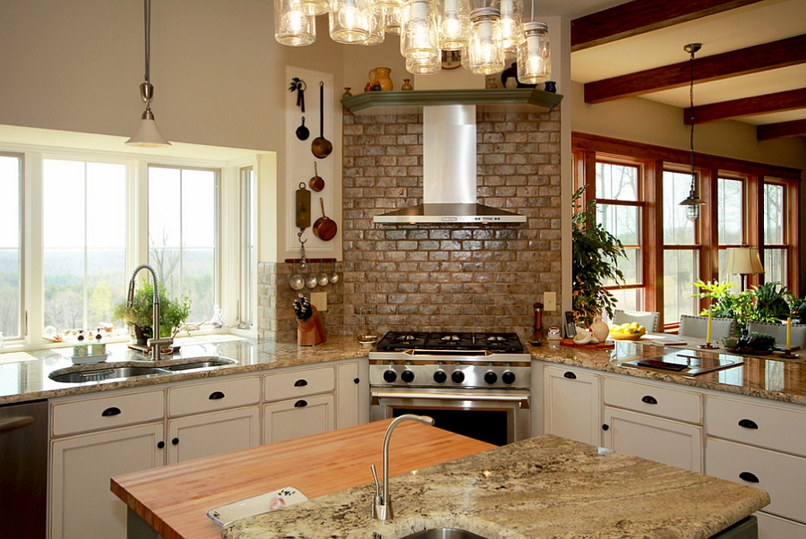 Farmhouse kitchen with corner range and hood