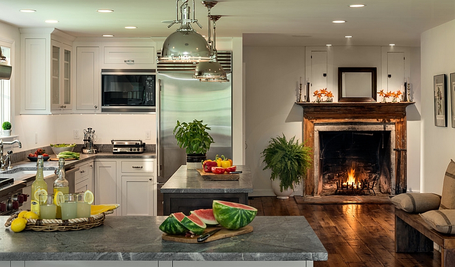 Farmhouse style kitchen with a lovely fireplace