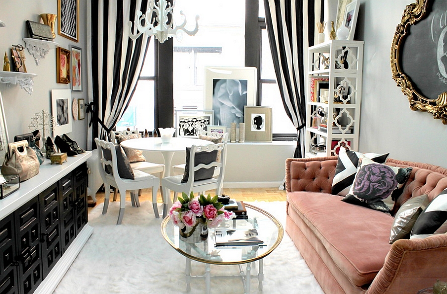 Feminine living room in black and white with pops of pink