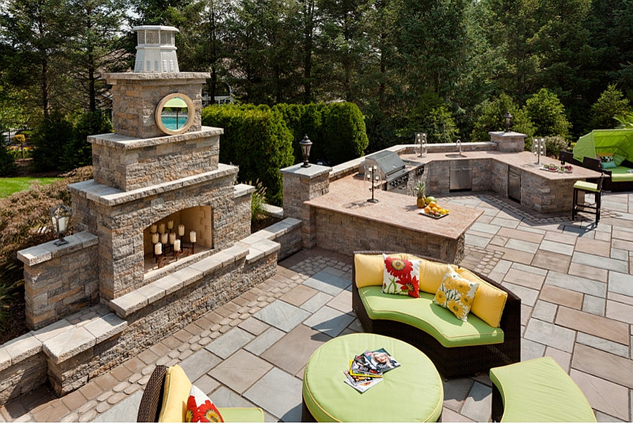 Goregous outdoor fireplace constructed from FireRock at the celebrity home