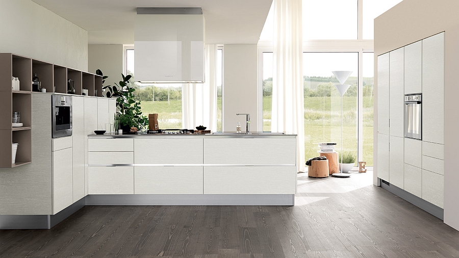 Gorgeous white sheers add to the style of the contemporary kitchen