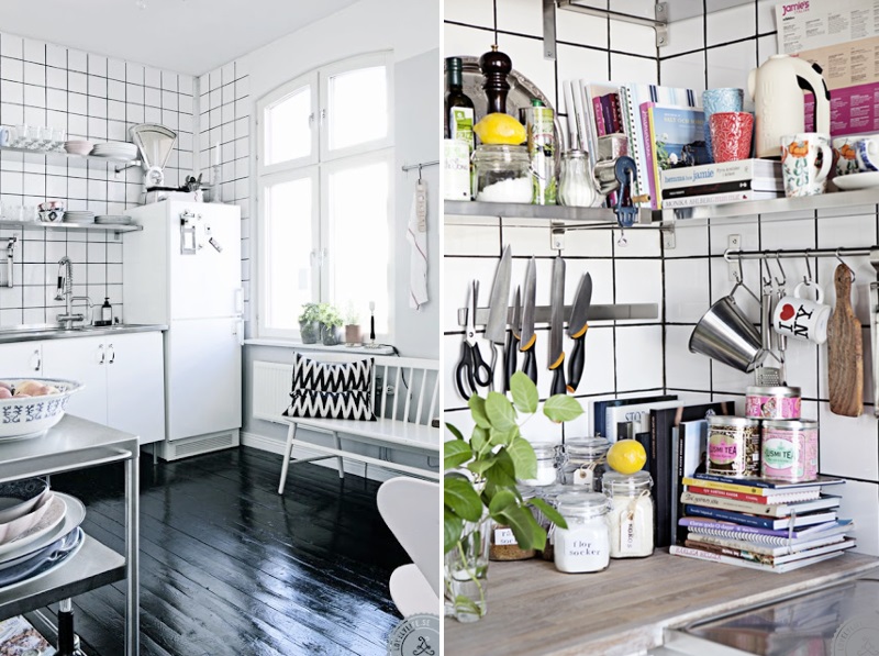 Kitchen with stainless steel shelving and gridded walls