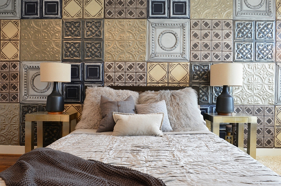 Metallic tiles create the perfect accent wall for the industrial bedroom [By Contour Interior Design]