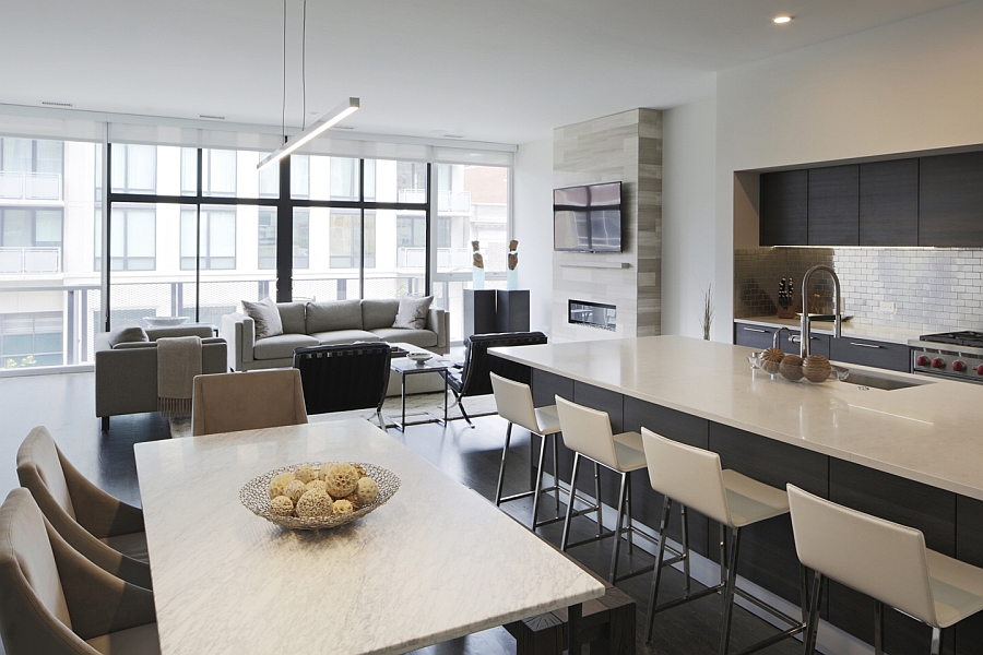 Modern interior of the condominiums with an open floor living area