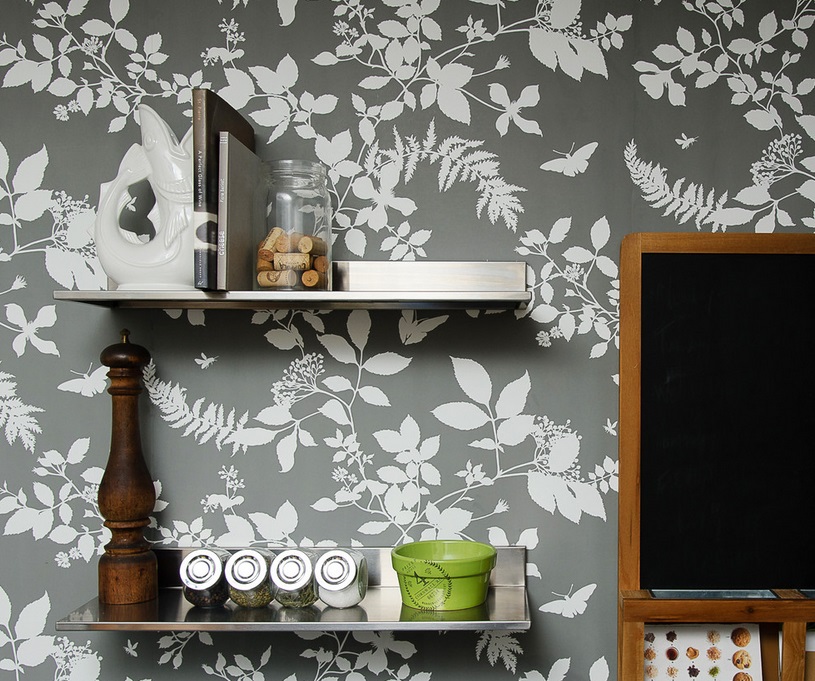 Open stainless steel shelving in a Boston kitchen