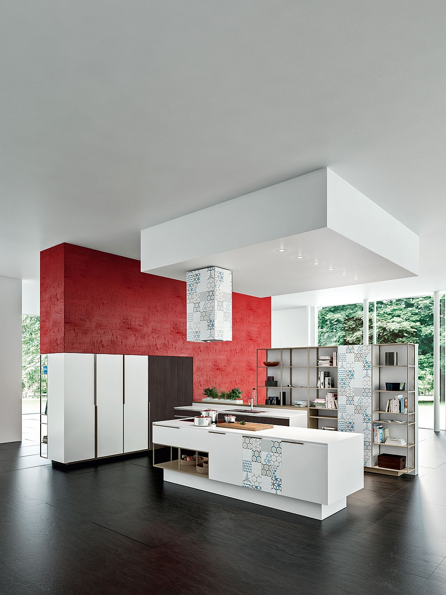 Red backsplash gives the kitchen an energetic and unique appeal