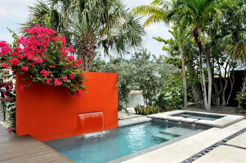 Red-orange wall in a modern outdoor space