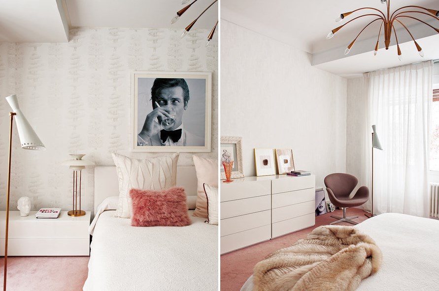 Retro-meets-modern bedroom with pink tones