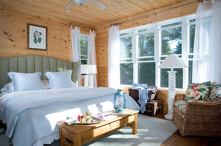 Rustic bedroom with pristine white window sheers and fall charm