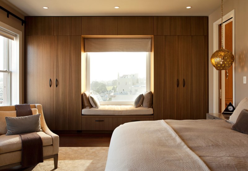 Sleek window seat in a modern bedroom